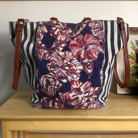 TOMMY Bahama Cotton Linen Tote w Pockets & Leather Handles - Picture 3 of 16